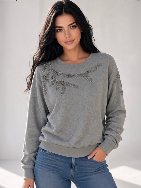 Lizette Collection Sweaters - Rhinestone Embellished Lizette Collection Crewneck Sweater - Gray